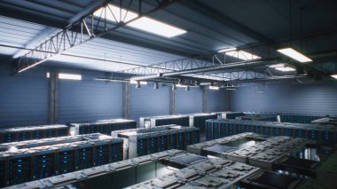 Geniş Depo 'da VFX animasyonlu Sunucu Rafları olan Modern Veri Teknolojisi Merkezi. İnternet Sunucularının Görselleştirilmesi, Yapay Zeka Yeniliği ve Siber Güvenlik. Şeylerin Dijital hale getirilmesi ve İnternet Konsepti.