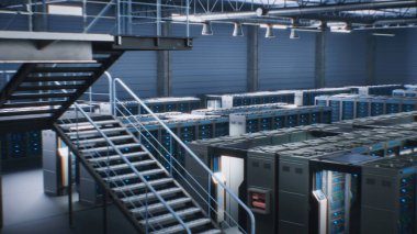 Büyük Depo 'daki Sunucu Raflarıyla Geleceğin Veri Merkezi. İnternet Sunucularının Canlandırılmış Görselleştirme, Yapay Zeka Teknolojisi ve Siber Güvenlik. IOT ve Dijitalleştirme Konsepti. VFX Canlandırması.