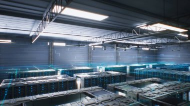 Geniş Depo 'da VFX animasyonlu Sunucu Rafları olan Modern Veri Teknolojisi Merkezi. Veri akışının canlandırılması, sunucularda internet trafiği. Nesnelerin Dijitalleştirilmesi ve İnternet Konsepti.