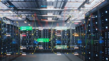 Depoda VFX animasyonlu Sunucu Rafları olan Modern Veri Teknolojisi Merkezi. Ağ Sistemi Diyagramlarının Canlandırılmış Görselleştirilmesi, Sunucularda İnternet Trafiği. Sayısallaştırma, Nesnelerin İnterneti.