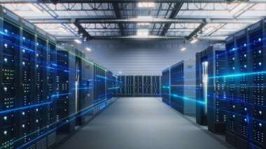 Büyük Depo 'daki Sunucu Raflarıyla Geleceğin Veri Merkezi. Veri akışının canlandırılması, sunucularda internet trafiği. Bilgi Teknolojisi, Dijitalleştirme Konsepti. VFX Animasyon. Doli Vuruşu.