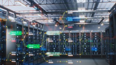 Depoda VFX animasyonlu Sunucu Rafları olan Modern Veri Teknolojisi Merkezi. Ağ Sistemi Diyagramlarının Canlandırılmış Görselleştirilmesi, Sunucularda İnternet Trafiği. Sayısallaştırma, Nesnelerin İnterneti.