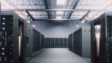 Büyük Depo 'daki Sunucu Raflarıyla Geleceğin Veri Merkezi. İnternet Sunucularının Canlandırılmış Görselleştirme, Yapay Zeka Teknolojisi ve Siber Güvenlik. IOT ve Dijitalleştirme. VFX Animasyon. Doli Vuruşu.