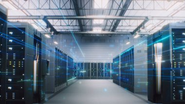 VFX animasyonu ile Büyük Depo 'da Sunucu Rafları olan Modern Veri Teknolojisi Merkezi. Veri akışının canlandırılması, sunucularda internet trafiği. Nesnelerin Dijital hale getirilmesi ve interneti. Doli Vuruşu.