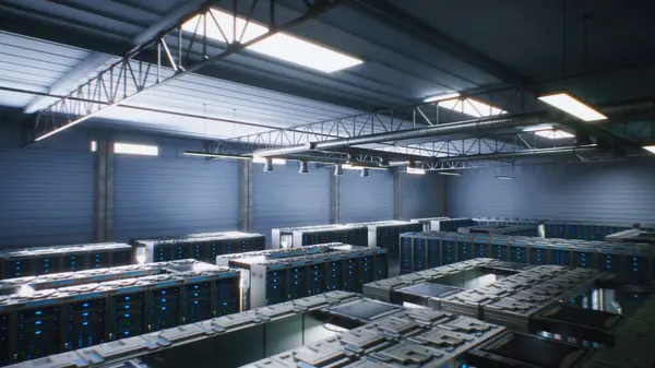 Geniş Depo 'da VFX animasyonlu Sunucu Rafları olan Modern Veri Teknolojisi Merkezi. İnternet Sunucularının Görselleştirilmesi, Yapay Zeka Yeniliği ve Siber Güvenlik. Şeylerin Dijital hale getirilmesi ve İnternet Konsepti.