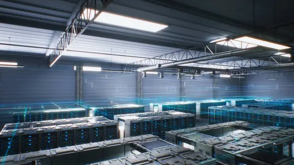 Geniş Depo 'da VFX animasyonlu Sunucu Rafları olan Modern Veri Teknolojisi Merkezi. Veri akışının canlandırılması, sunucularda internet trafiği. Nesnelerin Dijitalleştirilmesi ve İnternet Konsepti.