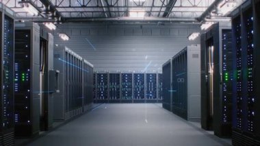Büyük Depo 'daki Sunucu Raflarıyla Geleceğin Veri Merkezi. Veri akışının canlandırılması, sunucularda internet trafiği. Bilgi Teknolojisi, Dijitalleştirme Konsepti. VFX Animasyon. Doli Vuruşu.