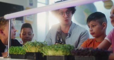 İlkokul öğrencileri Masa 'da oturuyor, mikroçim yetiştiriyor, biyoloji okuyor. Çok Kültürlü Sınıfta Bilim Dersinde Zeki Çocuklar Eğitme Grubu. STEM Eğitimi.