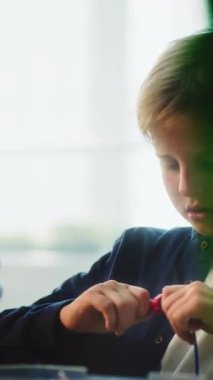 Çok Irklı Sınıflar 'daki BTMM Dersinde Akıllı Çocuklar ve Öğretmenler Birliği İnşaatçısı. Robotik Keşfeden İlkokul Çocukları, Yenilenebilir Enerji Modelleri, Çalışan Teknolojiler. Dikey Çekim