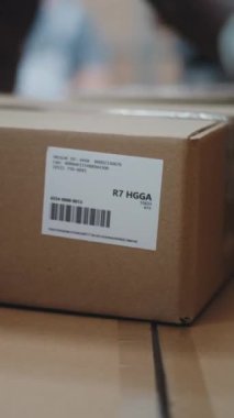 Lojistik Deposu: Yükleyici Karton Kutular, Çevrimiçi Siparişler, Satın Almalar ve E-Ticari Mallarla Yükleme Kamyonu. Barkod Tarayıcı ile Yönetici Tarayıcı Paketi. Yakın çekim çekim. Dikey Çekim.