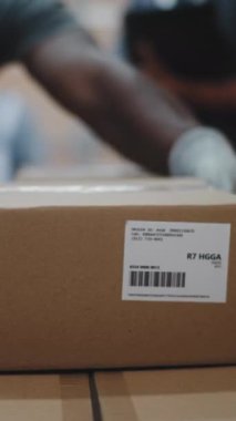 Çoklu Etnik İşçiler Karton Kutuları Çevrimiçi Siparişlerle Boşaltıyorlar, Teslimat Kamyonundan E-Ticari Mallar. Müdür Tablet Bilgisayar, Barkod Tarayıcı kullanıyor. Lojistik Dağıtım Deposu. Dikey Çekim.