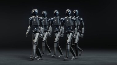 Gelişmiş İnsansı Robotlar Grubu 'nun Karanlık Dijital Siber Uzayda Birlikte Yürüyen Geleceği Görselleştirmesi. Yapay zeka, robot bilimi ve otomasyon konsepti. Görsel Efektler Canlandırması.
