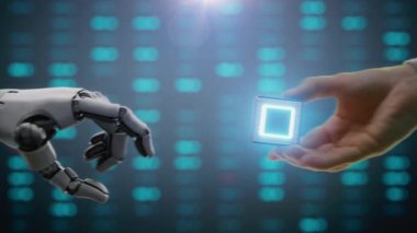 İnsanlığın Geleceği ve Yapay Zeka İşbirliği: İnsansı Robota Bilgi İşleme İçin İnsan Veren Bilgisayar Mikroçipinin Görselleştirilmesi. İnsanlar ve Robotlar Birlikte Çalışıyor.