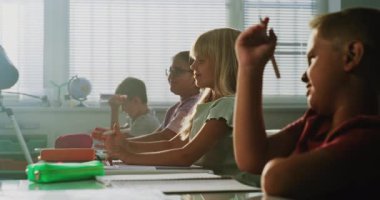 İlkokul öğrencileri sıralarında oturuyor, coğrafya dersi sırasında doğru cevap vermek için ellerini kaldırıyorlar. Modern Renkli Sınıfta Çevre Bilimi okuyan Zeki Çeşitli Çocuklar Takımı.