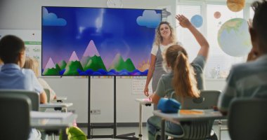 Coğrafya Sınıfı: Dijital Ekran Kullanarak İlkokul Çocuklarına Öğretmenlik Yapan Kadın Öğretmenler. Genç Kız, Sınıf Arkadaşlarının Önünde Su Döngüsü ve Hava Durumu Faktörlerini Açıklıyor, Sorulara Cevap Veriyor.