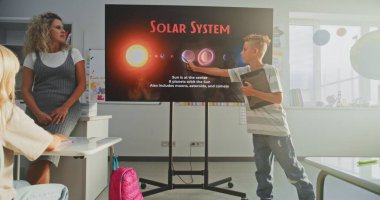 Tablet Bilgisayarlı İlkokul Çocuğu Sınıf Arkadaşları ve Öğretmen Dijital Ekran Kullanıyor 'da Güneş Sistemi ve Gezegenler Hakkında Sunum Yapıyor. Sınıfta Uzay Astronomisi okuyan Zeki Çocuklar.