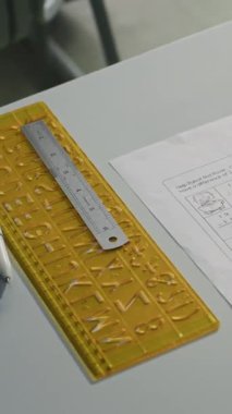 Öğrenci Okul Malzemeleri, Notlar, Matematiksel Sorunlar Kağıdı ile Okul Masasının Yakın Çekimi. İlköğretim Okulu Sınıfı Matematik Dersi, Çocuklar İçin Eğitim Ortamı. Dikey Çekim.