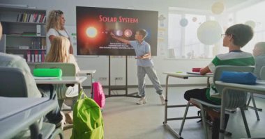 Tablet Bilgisayarlı ilkokul çocuğu Sınıf Önünde Astronomi Bilgisi ve Dijital Ekran Kullanan Öğretmen. Sunumu Dinleyen Çocuklar, Güneş Sistemini Öğrenen Çocuklar, Gezegenler.