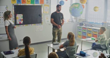 Askeri Subay, Askeri Bilimler ve Disiplin hakkında Meraklı Öğrencilere Konuşan Sınıf Ziyareti. Yakınlarda duran öğretmen, İlköğretim Okulu Kariyer Eğitimi Dersinde Dinleyen Çocuklar