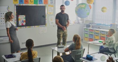 Askeri Subay, Askeri Bilimler ve Disiplin hakkında Meraklı Öğrencilere Konuşan Sınıf Ziyareti. Yakınlarda duran öğretmen, İlköğretim Okulu Kariyer Eğitimi Dersinde Dinleyen Çocuklar