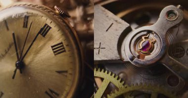 Antika Cep Saati 'nin Çoklu Ekran Kolajı ve Hareketli Vites ve Denge Çarkı ile Karmaşık Saat Mekanizması. Zarif Retro Tasarım. Zaman, Tarih ve Miras Konsepti. Kapat..