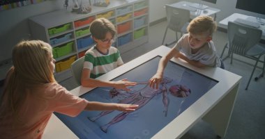 Üç Okul Çocuğu İnsan Anatomisi 'nin 3 Boyutlu Modelini Göstererek Birlikte Çalışıyor. Modern Eğitim ve Dokunmatik Ekran Teknolojisinin Bilim ve Biyoloji Dersleri Konsepti. Doli Vuruşu.