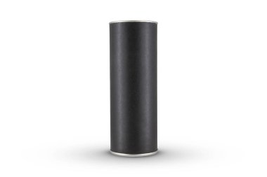 Beyaz arkaplanda siyah Kraft kağıt tüp teneke kutu izole