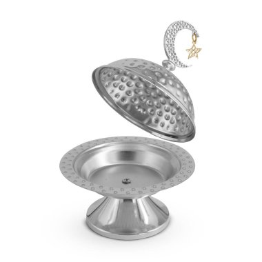 Beyaz arkaplanda izole edilmiş Ramazan metal kasesi