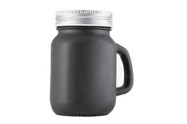 Siyah cam kokulu mum kavanozu, beyaz arka planda izole edilmiş.