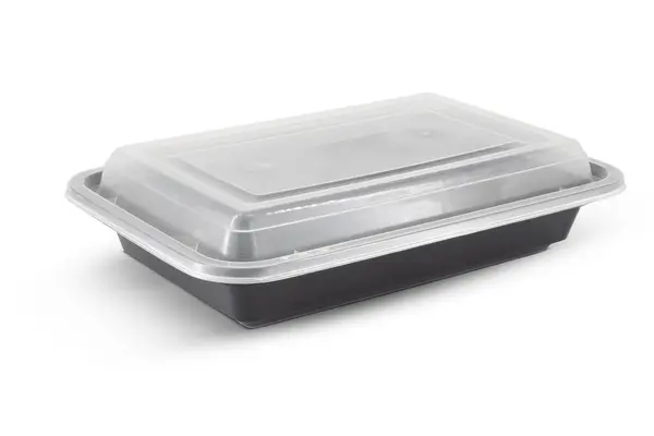 Siyah plastik yiyecek kabı beyaz arka planda izole edilmiş.