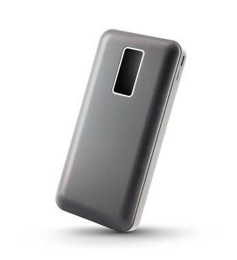 Siyah taşınabilir güç bankası beyaz arkaplanda izole edildi