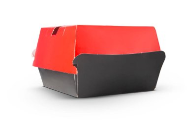 Boş kırmızı ve siyah hamburgerler beyaz arka planda izole edilmiş.