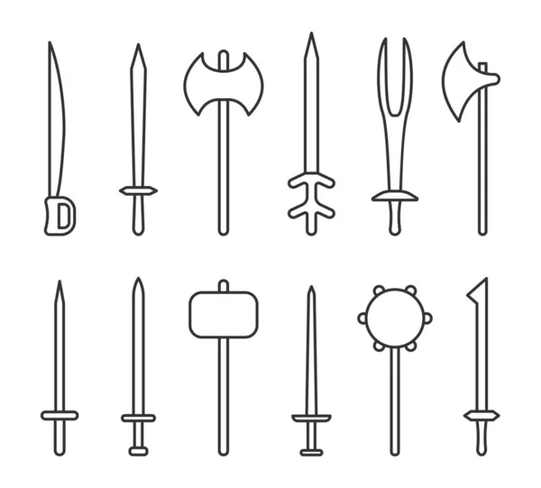 Espada Arma Preta Esboço Conjunto Ícones Vintage Sinal Desenho Animado — Vetor de Stock