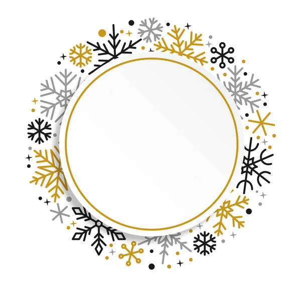 Kar taneleri siyah altın yuvarlak bayrak. Mutlu Noeller ve mutlu yıllar tebrik kartı şablonu. Kış süsleyen buz yıldızı arka planı. Uzay kar taneleri çerçevesini kopyala. Xmas harfi soğuk kenar dekoru