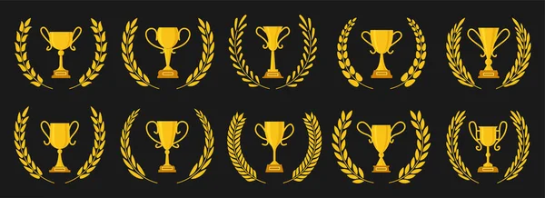 月桂樹の花輪フラットセットと黄金のゴブレット 金賞の紋章のチャンピオン 異なる形状の勝者トロフィーアイコン 勝利のリーダーシップカップ 黄色の標識をカップ 最高の選択のシンボル チャンピオンシップ賞 — ストックベクタ