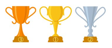 Düz kadehler. Altın, gümüş, bronz kupa kupası. Birinci, ikinci, üçüncü, farklı şekilli kazanan ödülü. Şampiyonlar ödülleri sıralamada yer alıyor. Zafer kadehlerin başındadır. En iyi seçim sembolü