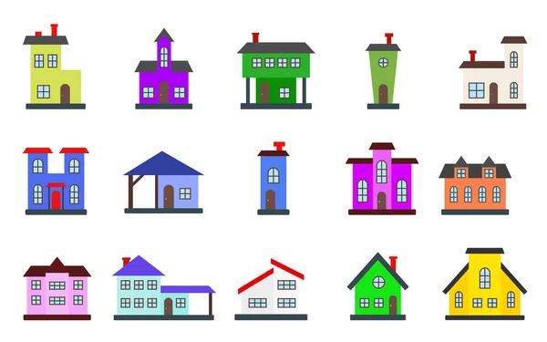 Houses Exterior Front View Flat Icon Set Residential Townhouse Building — Stock Vector