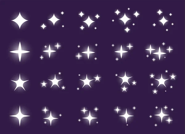 闪烁着星星的图标集 不同形状的明亮的烟火闪烁着光芒 神奇的闪光 耀眼的阳光装饰 发光的闪光效果 星空的空间 辐射爆炸 — 图库矢量图片