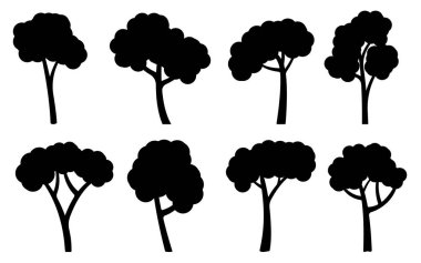 Ağaç kontur kümesi. Orman yeşillikleri açık hava çiçekli düz doğa elementleri. Farklı şekilli botanik parkı bitkisi. Doğal çevre bahçesi. Akçaağaç meşesi ağacından kavak ağacı keçeli kalem damgası için siyah siluet.