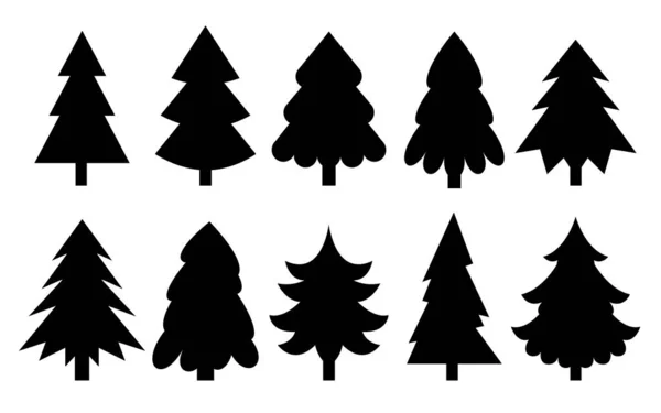 Christmas Tree Black Silhouette Icon Set Happy New Year Traditional — Stock Vector