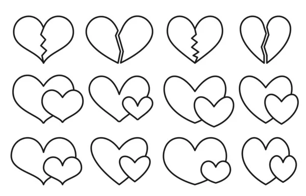 心黑轮廓图标集 不同形状的浪漫线性爱情符号 恋爱中的夫妻和破碎的概念图标 在书页上涂上白色的婚礼或情人节标志 — 图库矢量图片