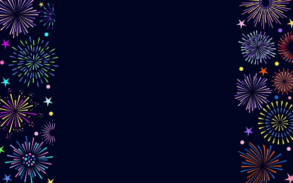 花火カーニバルの国境 クリスマスの新年のポスター 爆竹の夜祭りのバナー 誕生日パーティーカードのためのお祝いの火花火フレーム ヴィンテージサンバースト破裂太陽放射線ビーム — ストックベクタ
