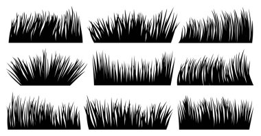 Çimenler doğal organik çimen siyah siluet sınır seti. Geniş yatay hatlı biyolojik bitki çayırı. Beyaz arka planda taze çalı bitkisel çimen. Yeşillik yaprakları çizgi film yaprakları manzarası