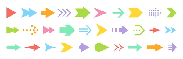 箭头彩色图标集 不同形状的箭头按钮 光标签名大包 应用程序接口 网站导航的平面图标 右上角向下的信息图解现代象形图 — 图库矢量图片