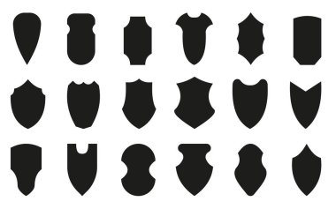 Siyah siluet simgesi seti. Farklı şekillerde güvenlik işaretleri. İş güvenliği sembolü. Polis rozeti şablonu çiziyor. Şövalye Heraldik ödülü ortaçağ kraliyet amblemi. Virüs koruması