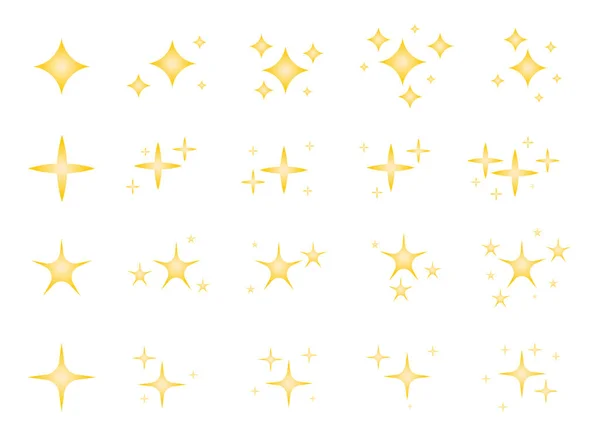 Oro Brilla Estrellas Establecidas Diferentes Formas Fuegos Artificiales Brillantes Brillo — Archivo Imágenes Vectoriales