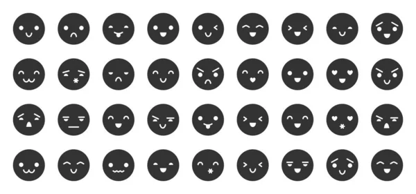 Emoji Szembenéz Fekete Jel Ikon Készlet Lapos Vicces Emotikon Kör — Stock Vector