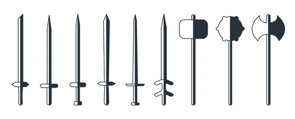 Miecz Średniowieczny Czarny Biały Kreskówka Znak Zestaw Symbol Zbierania Topora — Wektor stockowy