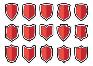 Kalkanlar kırmızı düz simge seti. Şövalye Heraldik ödülü ortaçağ kraliyet klasik askeri amblemi. Farklı şekillerde güvenlik işaretleri. İş için güçlü bir güvenlik sembolü. Polis rozeti tasarımı. Virüs koruması