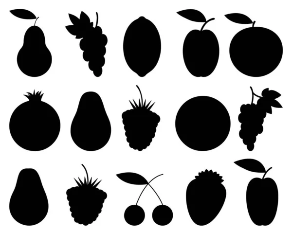 Fruchtschwarzes Silhouetten Icon Set Himbeere Erdbeere Brombeere Brombeere Himbeere Trauben — Stockvektor